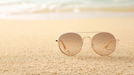 A pair of sunglasses is sitting on the sand