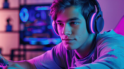 A focused young man plays video games in a colorful room filled with technology