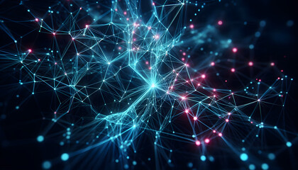 Fototapete - Neural lowpoly AI futuristic neon network of abstract connection background
