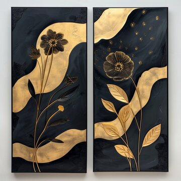 Set of canvases floral gold leaf on black background, whimsical shapes, flowing silhouettes quality. Generative AI