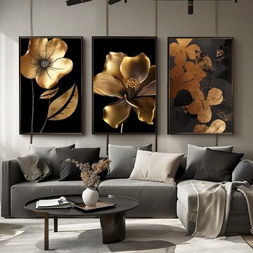 Set of canvases floral gold leaf on black background, whimsical shapes, flowing silhouettes quality. Generative AI