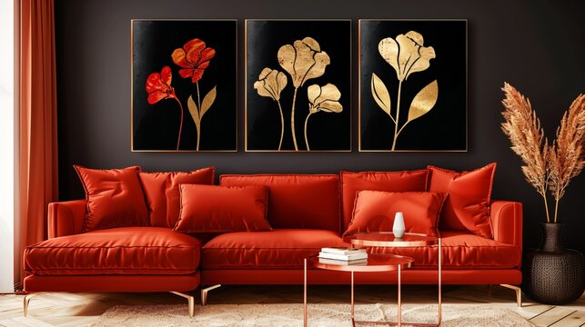 Set of canvases floral gold leaf on black background, whimsical shapes, flowing silhouettes quality. Generative AI