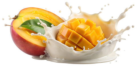 Juicy mango cubes in milk splash, PNG isolated transparent