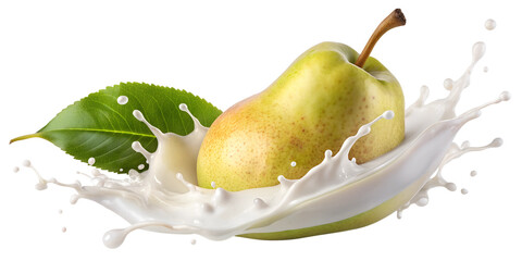 Pear in milk splash with droplets, PNG isolated transparent