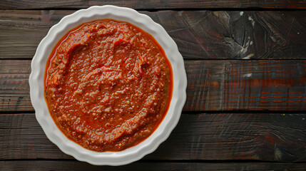 Rustic wooden table features a white bowl filled with red tomato sauce