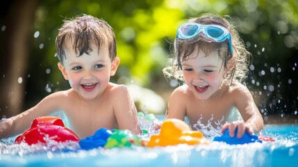 Children enjoying sunny afternoon playing with colorful pool toys in backyard pool