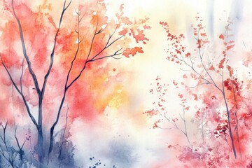 Sticker - A peaceful autumn scene with colorful trees painted in watercolor, featuring vibrant reds and oranges.