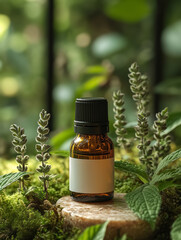 A dark glass bottle of essential oil with black cap on a podium against sunlit green forest background, bottle white label mockup. 