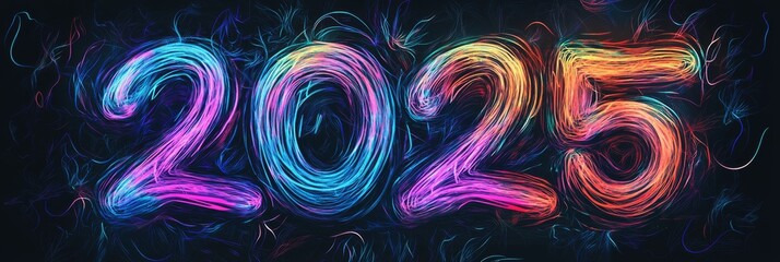 Poster - A bright and colorful depiction of the upcoming year 2025, featuring artistic swirls and dynamic designs