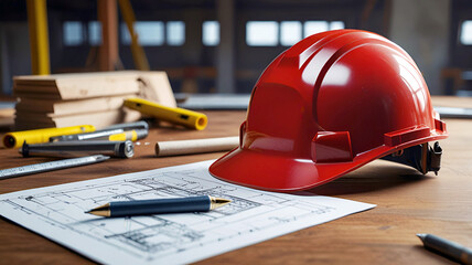 Construction safety concept and safety red helmet on wooden table with wood and window background. Generative AI
