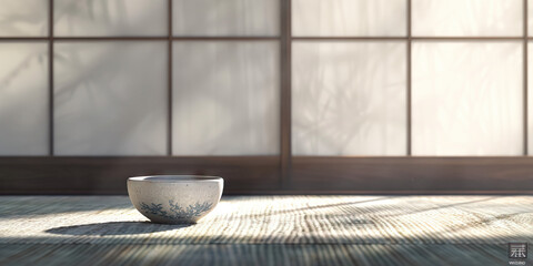 Wall Mural - Minimalist teacup serenity: A single delicate cup awaits on an empty tatami mat.