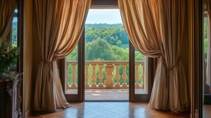 Poster - French doors with elegant drapes, opening to a balcony with a view of the surrounding landscape.