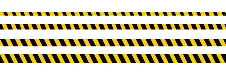 Wall Mural - Warning tape with yellow and black diagonal stripes. Warn stop seamless line. Vector illustration on white background. Blank vector illustration warning background. Long danger ribbon. Eps file 101.