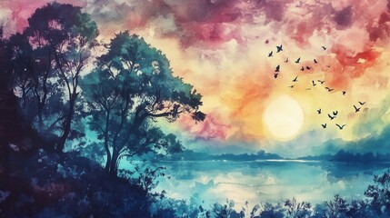 Sticker - A vibrant watercolor painting of a sunset with trees and birds by the water's edge.