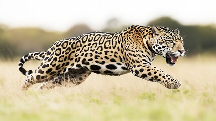 a jaguar running in the middle of the grass field at full speed with an open mouth showing teeth and