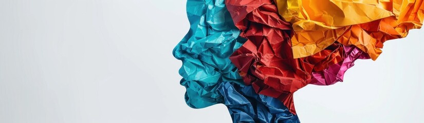 A profile view of an abstract human head made from various colored crumpled paper, representing diversity and creativity in design thinking Generative AI