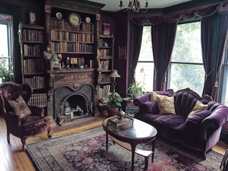 Wall Mural - A living room with a fireplace, a couch, and a coffee table. The room is decorated in purple and has a vintage feel