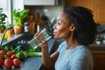 Middle age African-American woman drinking a glass of water, staying hydrated and healthy, copy space