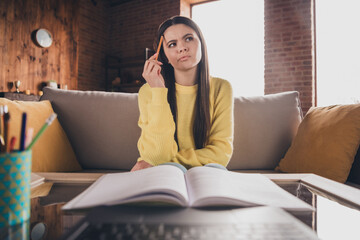 Poster - Photo of teen lady sit sofa online lesson webcam netbook skeptical minded dressed yellow garment spend pastime spacious house indoors room