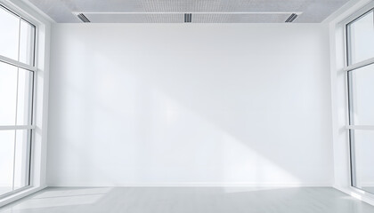 Wall Mural - Blank wall in bright office mockup with large windows and sun passing through 3D rendering isolated with white highlights, png