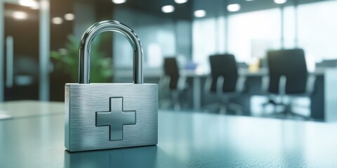 Poster - A padlock symbolizes security, emphasizing the importance of protecting sensitive healthcare data in hospitals to ensure patient privacy and maintain trust among all stakeholders in healthcare