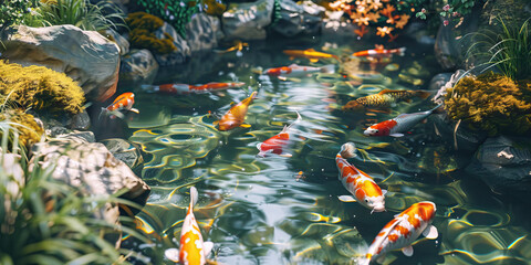 Wall Mural - Tranquil Japanese Garden Pond with Koi Fish