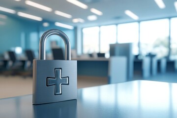 Poster - This image symbolizes healthcare data security, featuring a padlock in a hospital, emphasizing the importance of protecting sensitive patient data and maintaining privacy diligently