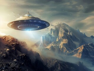 a fleet of ufos hovers above a rugged mountainous terrain, bathed in dramatic light, evoking a scene