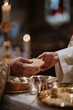 © Vladislava - A close-up of hands receiving the Eucharist from a priest, focus on the bread and wine, reverent church setting. Sacrament, deep faith, banner with copyspace for text.