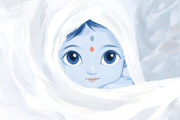 Wall Mural - Cute little baby Krishna with blue skin on light background. Birthday of Krishna, eighth avatar of Vishnu. Shree Krishna Janmashtami or Gokulashtami. Indian religious festival