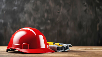 Construction safety concept and safety red helmet on wooden table. Generative AI