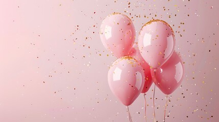 Sticker - A cluster of pink balloons with gold confetti floating on a pale pink background.