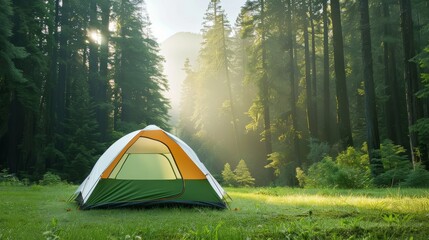 A yellow tent is set up in a forest