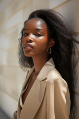 Wall Mural - A woman with long hair is wearing a tan jacket and standing in front of a wall