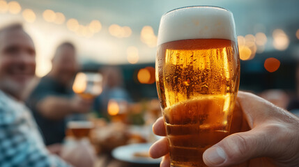 Wall Mural - man hand holds a beer glass at an outdoor Oktoberfest  party 