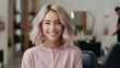 © kinara art design - A smiling woman with stylish hair in a salon setting, exuding confidence and beauty.