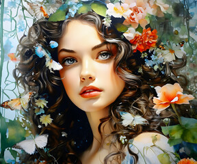 portrait of a woman with flowers, mixed media art, oil painting style realistic wallpaper