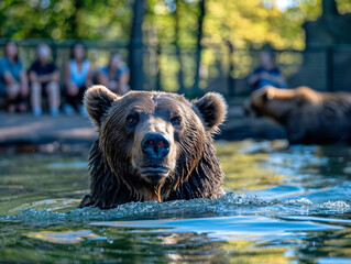 Wall Mural - A bear is swimming in a body of water with people watching. The bear appears to be enjoying the water and the people are enjoying the sight of the bear