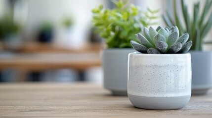 Sticker - Succulent Plants in Stylish Gray Pots on Wooden Table