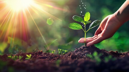 Wall Mural - A hand gently cradles a young sapling, nurtured by sunlight and the gentle rain, representing new life and growth.