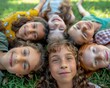 © Natalia - A group of happy children lying on the grass and looking at the camera. AI.