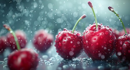 Wall Mural - Fresh Red Cherries Covered in Raindrops on a Cool Surface