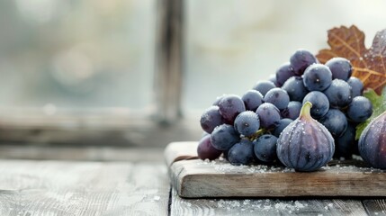 Poster - Fresh Grapes and Figs on Wooden Cutting Board With Frost in Natural Light