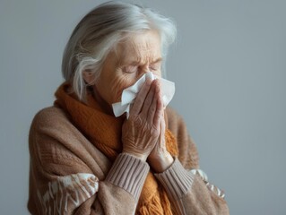 Sticker - An elderly woman with a cold blows her nose. AI.