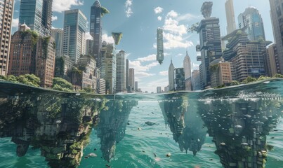 Wall Mural - Surreal cityscape with buildings growing from the ocean, floating islands, and upside-down skyscrapers