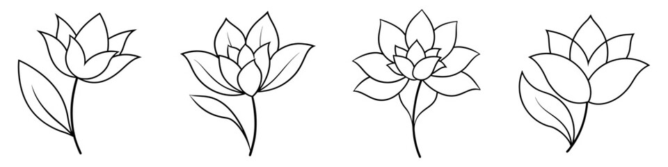 Sticker - Flower icon. Set of drawn flowers with leaves. Linear flowers. Vector illustration