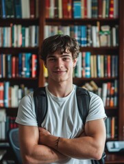 Wall Mural - A young man stands in front of a bookshelf, arms crossed. AI.