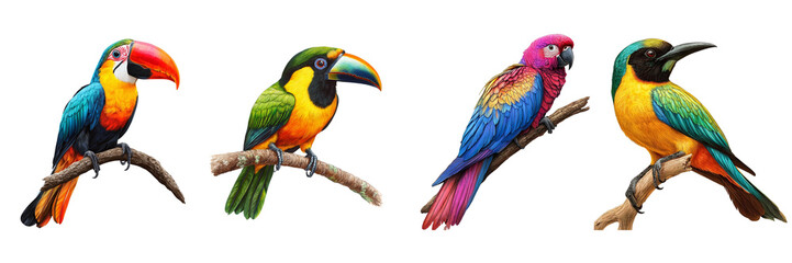  vibrant tropical bird perched on a branch isolated on transparent png background