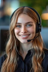 Poster - Smiling woman with headset on, wearing black uniform and holding a microphone.