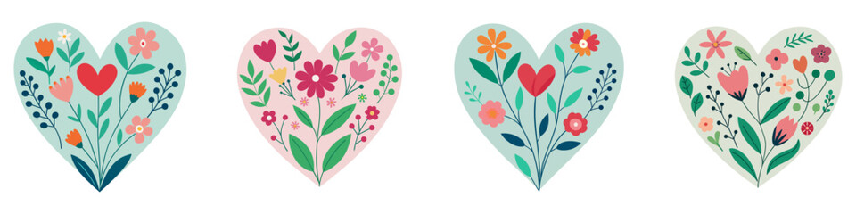 Sticker - Floral frames in heart shapes. Floral hearts set with hand drawn decorative flowers and plants. Vector illustration